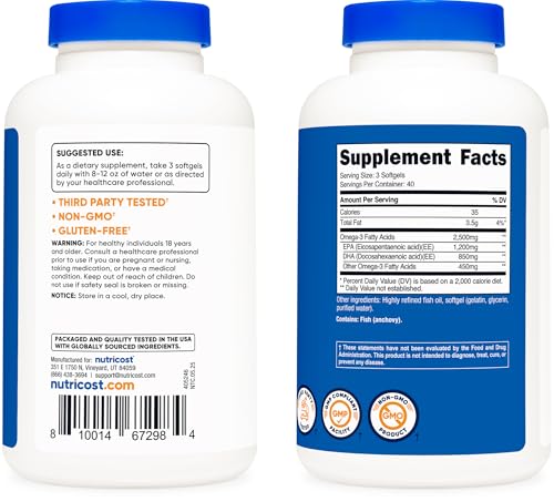 Nutricost Omega 3 Fish Oil 2500mg - 120 Softgels - Wild Caught - 1200mg EPA 850mg DHA - Non-GMO, Gluten Free