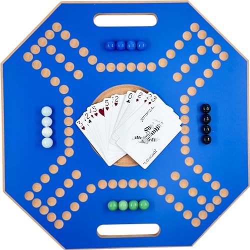 Funz Jackaroo Wooden Board Game for 4 Players with Glass Marbles and Cards, 39x39 cm, Blue
