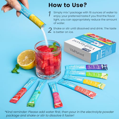VitalHarvest 24 Sachets of Electrolyte Powder, 7 Flavors, Sugar Free for Daily Hydration, Low Sodium, Lemon-Lime, Watermelon, and Strawberry