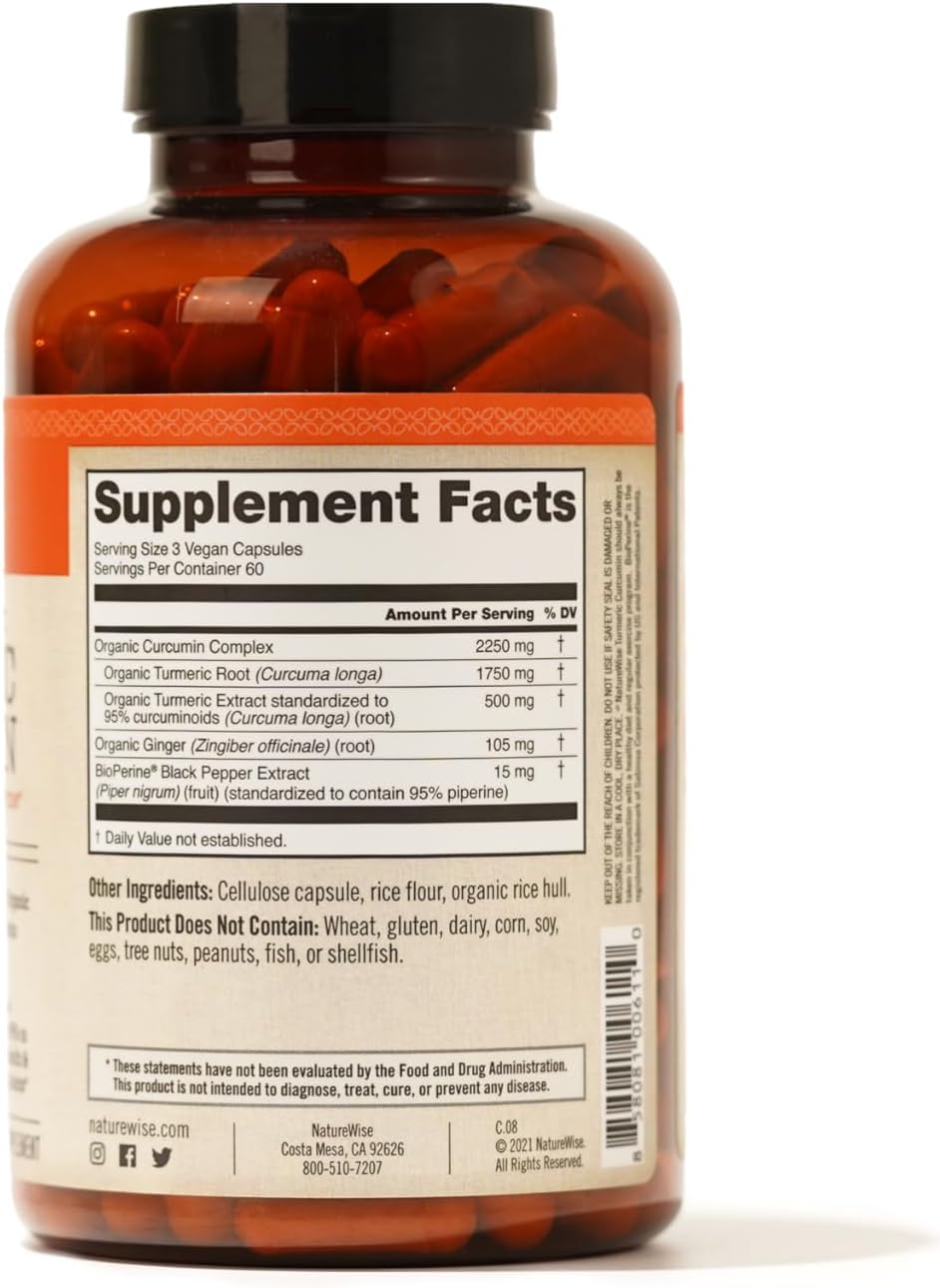 NatureWise Curcumin Turmeric 2250mg - 95% من الكركمين ومستخلص الفلفل الأسود BioPerine لامتصاص متقدم - دعم يومي لصحة المفاصل والجهاز المناعي - نباتي، غير معدّل وراثيًا، 180 قطعة [إمدادات لمدة 60 يومًا] 