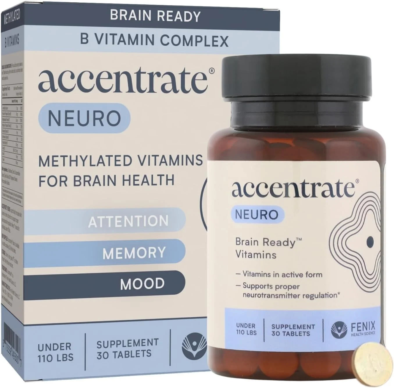 <think>
Okay, so I need to create an ALT text for this product image. The product is called Accentrate Neuro, and it's a complete vitamin B complex. It's methylated, which I think means it's in a form that's easier for the body to use, especially for people with certain genetic factors like MTHFR. The product includes L-Methylfolate (5-M
