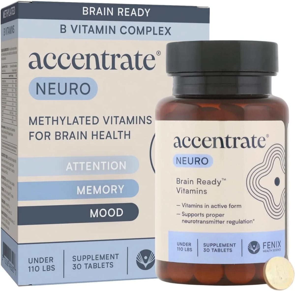 <think>
Okay, so I need to create an ALT text for this product image. The product is called Accentrate Neuro, and it's a complete vitamin B complex. It's methylated, which I think means it's in a form that's easier for the body to use, especially for people with certain genetic factors like MTHFR. The product includes L-Methylfolate (5-M