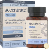 <think>
Okay, so I need to create an ALT text for this product image. The product is called Accentrate Neuro, and it's a complete vitamin B complex. It's methylated, which I think means it's in a form that's easier for the body to use, especially for people with certain genetic factors like MTHFR. The product includes L-Methylfolate (5-M