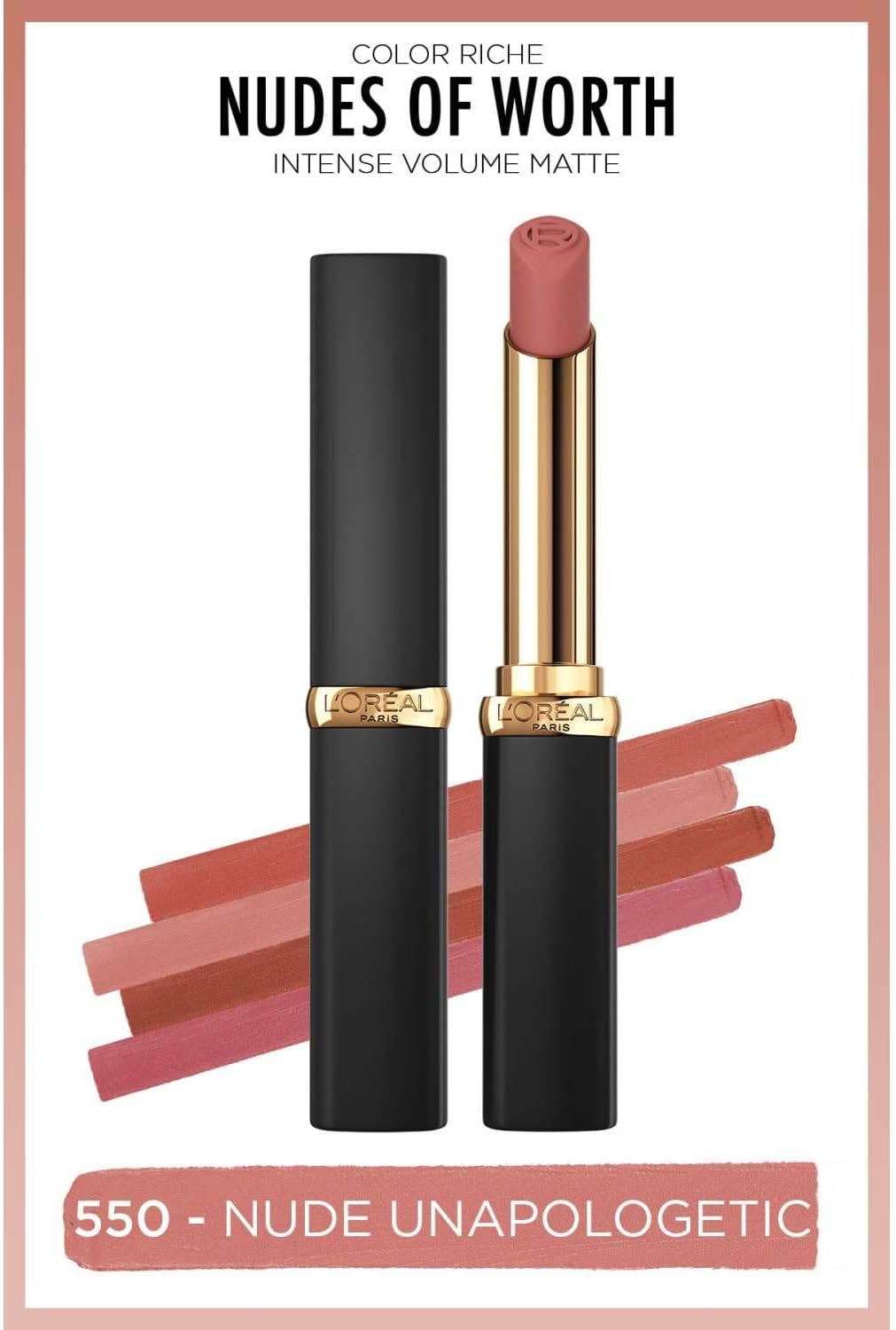 L'Oréal Paris Color Riche Intense Volume Matte Nude 550 lipstick with powdery matte finish and 16-hour wear.