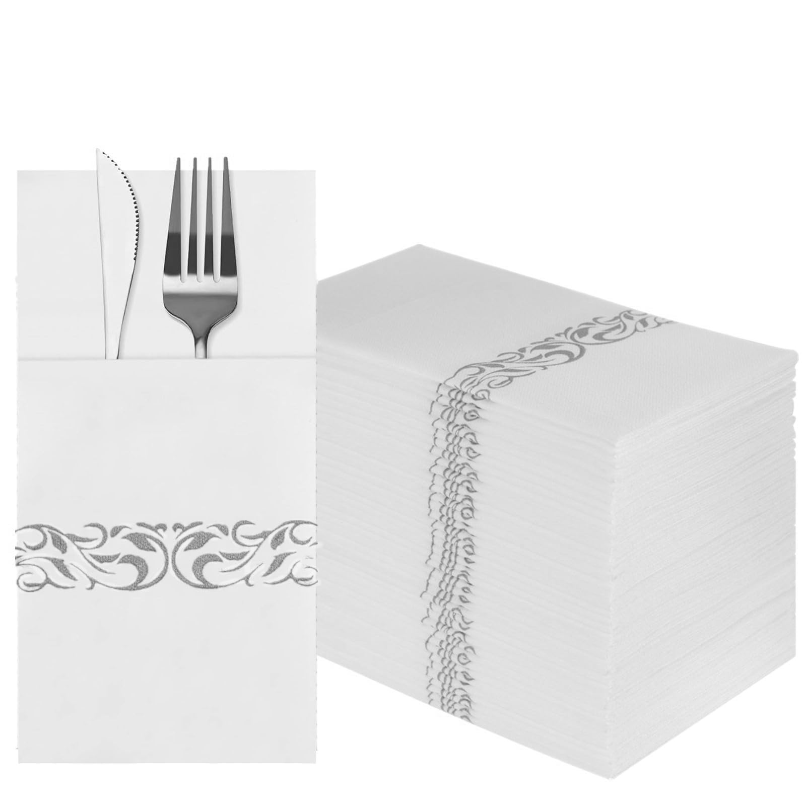DADAWU Elegant White Linen-Feel Disposable Dinner Napkins with Gold Flatware Pocket - Pack of 50 for Parties & Weddings