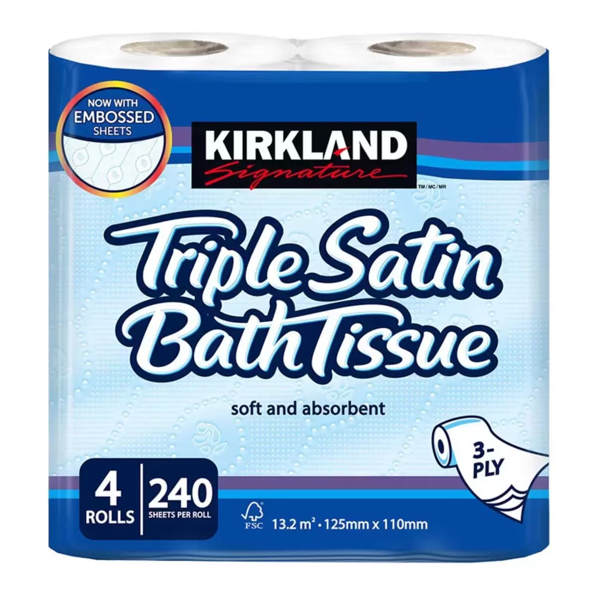 Kirkland Signature Triple Satin 3-Ply Toilet Paper, 4 Rolls Pack – Ultra Soft & Strong