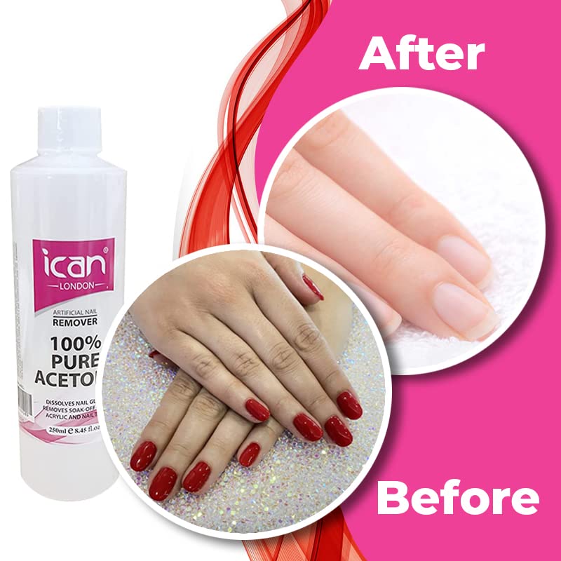 ICAN LONDON 100% Pure Acetone Nail Polish Remover - UV Gel Soak Off, 250ml Professional Formula