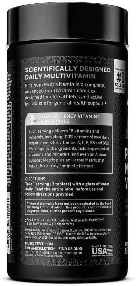Muscletech Platinum Multi Vitamin Daily Nutritional Support with Advanced Enzymes & Mineral Complex for Immune Support from Vitamin C & Zinc for Elite Athletes and Active Individuals, 90 Count