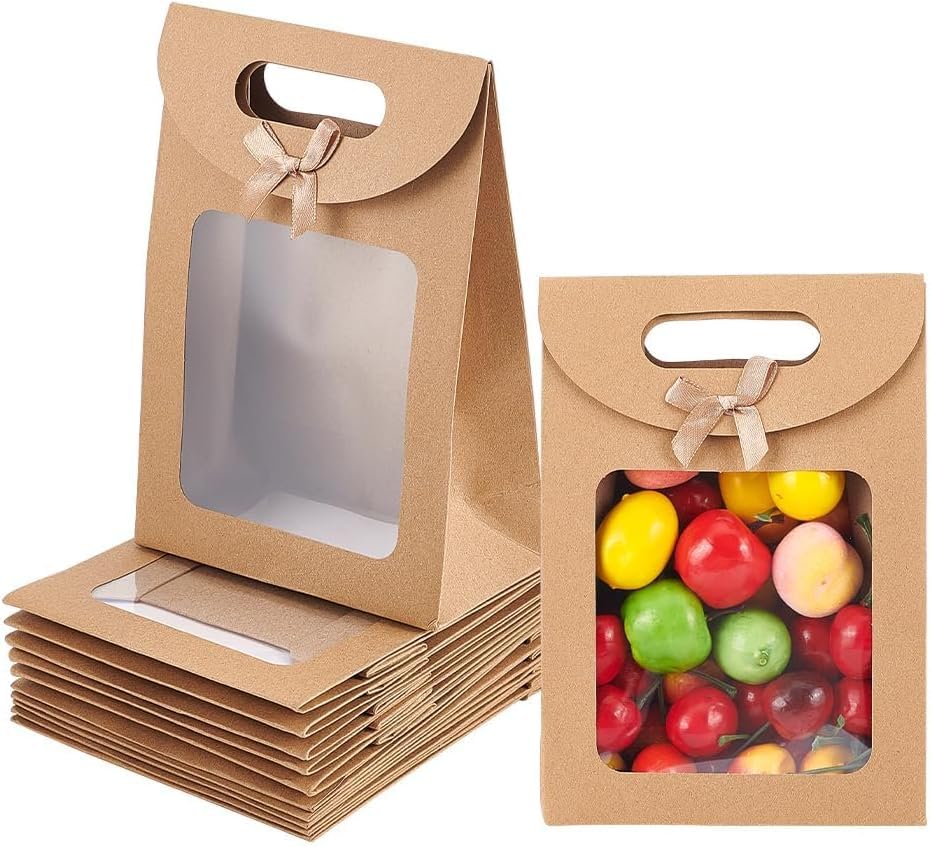 GMQG Brown Kraft Stand Up Gift Bags with Window & Bow - 12 Pack