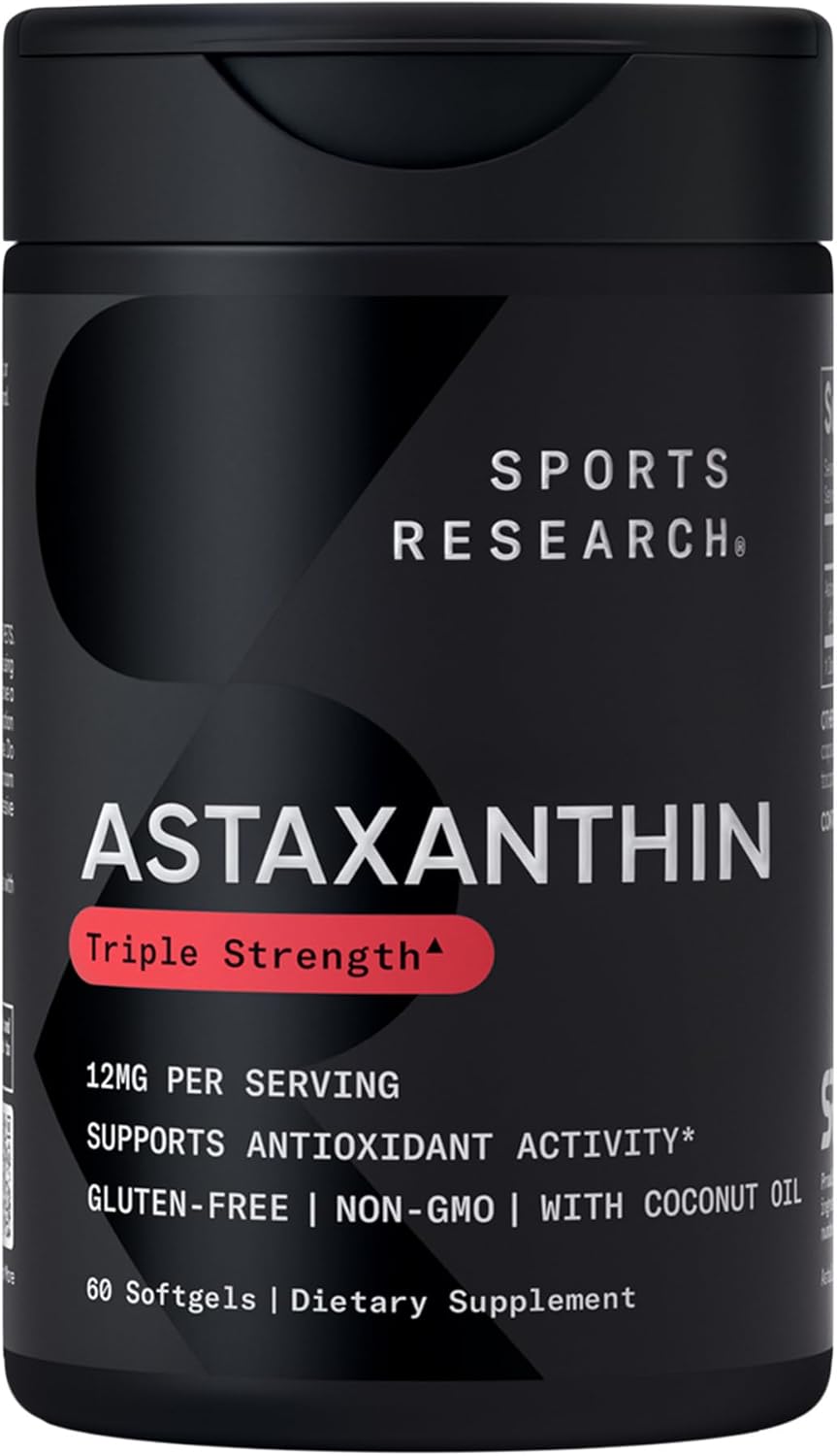 Sportgs Research Triple Strength Astaxanthin (12mg) with Organic Coconut Oil | Non-GMO, Soy & Gluten Free - 60 Mini Softgels (2 Month Supply)