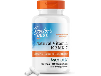 Doctor's Best Natural Vitamin K2 Mk-7 with MenaQ7, 100mcg Vitamin K2 Supplement Supports Bone Health, Non-GMO, 60 Veggie Capsules