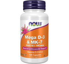 NOW Supplements, Mega D-3 & MK-7, 5000 IU / 180 mcg, Bone & Cardiovascular Support*, Vitamins K-3 & K-2, 120 Capsules