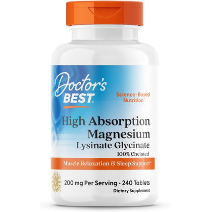 Doctor's Best High Absorption Magnesium Glycinate Lysinate, 100% Chelated, Non-GMO, Vegan, Gluten & Soy Free, 200 mg, 240 Count