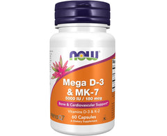 مكملات NOW Foods، Mega D-3 وMK-7 مع فيتامينات D-3 وK-2، 5000 وحدة دولية/180 ميكروجرام، لدعم العظام والقلب والأوعية الدموية*، 60 كبسولة نباتية 