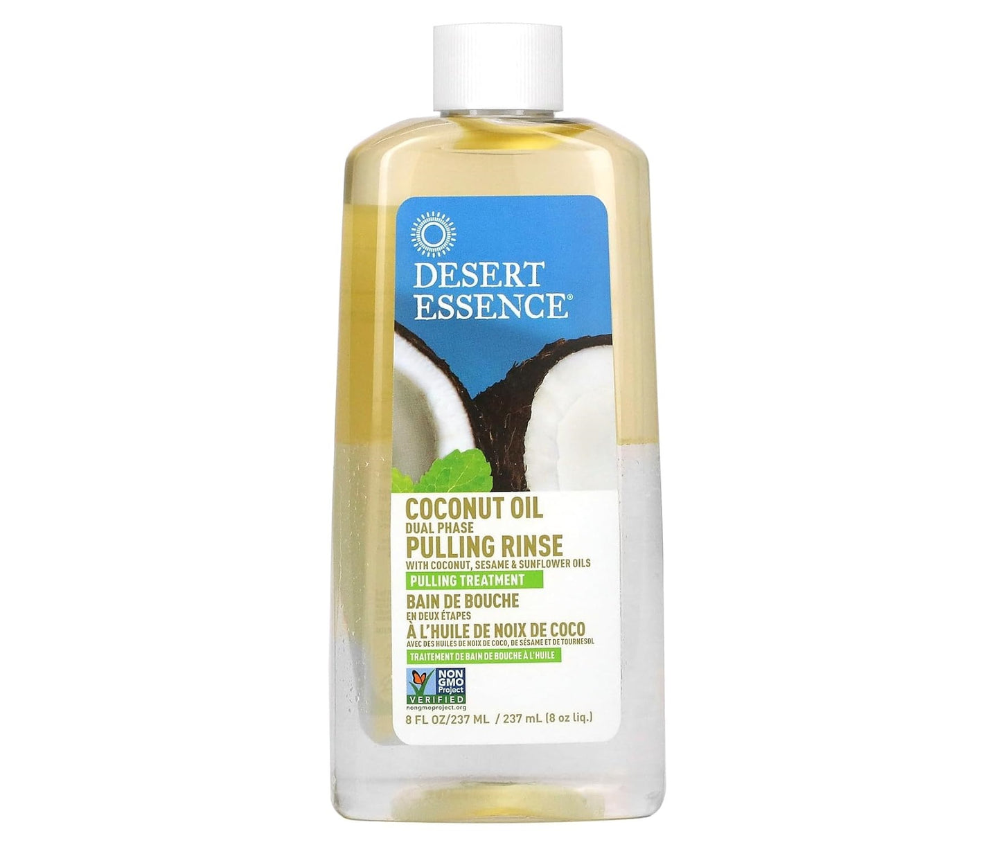 Desert Essence Coconut Oil Dual Phase Pulling Rinse, Mint, 8 fl oz - Alcohol Free, Sugar Free, Gluten Free, Vegan, Non-GMO - Organic Virgin Coconut Oil, Sesame Oil, Sunflower Oil & Tea Tree Oil