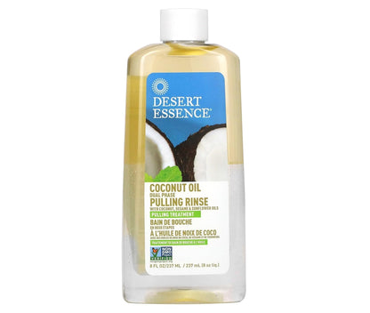 Desert Essence Coconut Oil Dual Phase Pulling Rinse, Mint, 8 fl oz - Alcohol Free, Sugar Free, Gluten Free, Vegan, Non-GMO - Organic Virgin Coconut Oil, Sesame Oil, Sunflower Oil & Tea Tree Oil