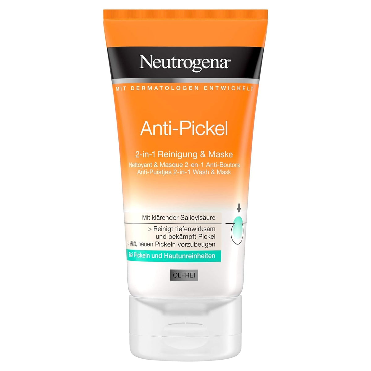 Neutrogena Anti-Pimple Facial Cleanser with Salicylic Acid - 2-in-1 Cleansing & Mask for Blemished Skin, Oil-Free, 150 ml