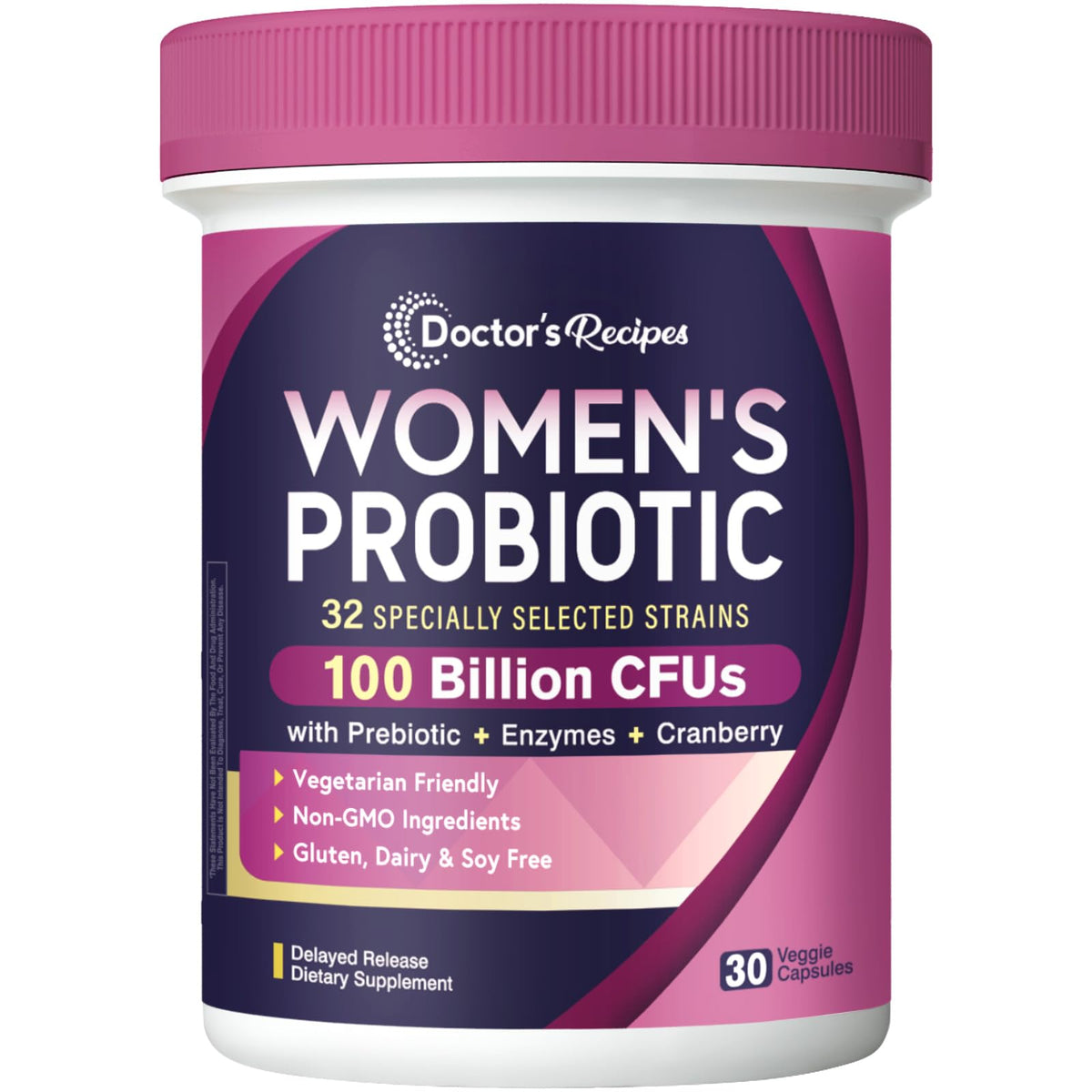 Doctor's Recipes Probiotics for Women - 100 Billion CFU 32 Strains with Prebiotic Fiber, Enzymes & Cranberry | Urinary Digestive & Immune Support | 30 Capsules