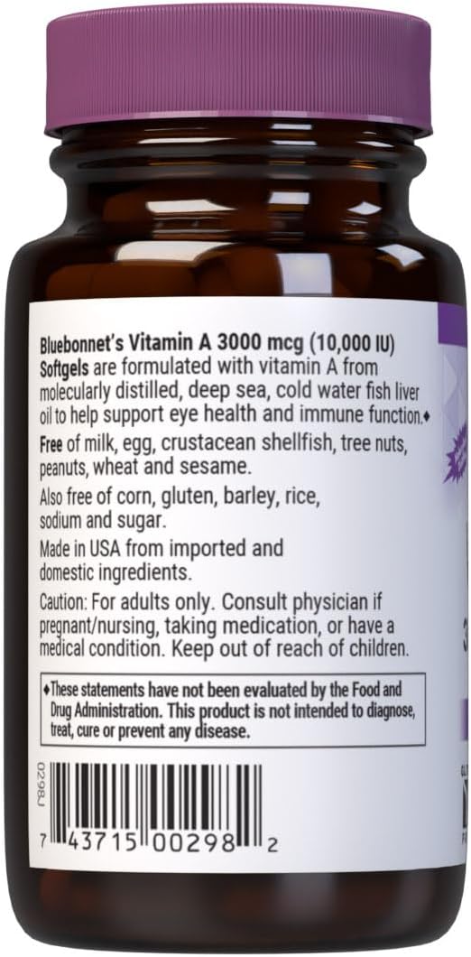 Bluebonnet Nutrition فيتامين أ 10000 وحدة دولية من أعماق البحار والمياه الباردة وزيت السمك - لصحة العين والوظيفة المناعية* - خالٍ من الجلوتين - خالٍ من منتجات الألبان - مقطر جزيئيًا - 100 كبسولة هلامية - 100 وجبة 