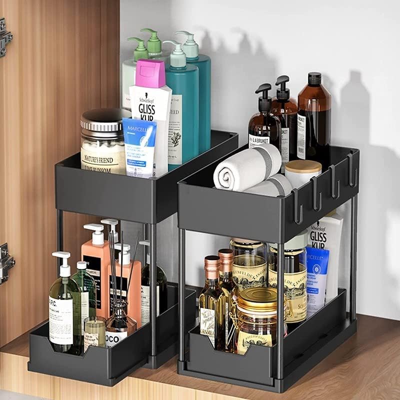 2-Tier Under Cabinet Sliding Basket Organizer with Hanging Cup & Hooks