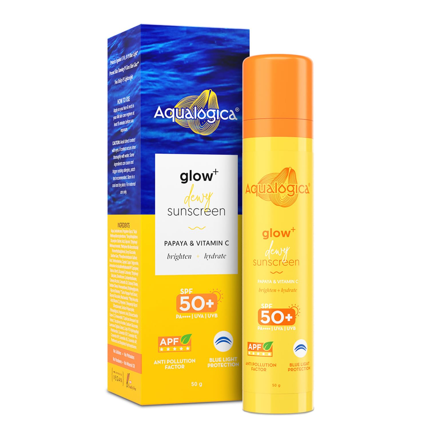 Aqualogica Glow+ Dewy Sunscreen SPF 50 PA++++ | Vitamin C & Hyaluronic Acid | Brightening & Hydrating | No White Cast | 50g