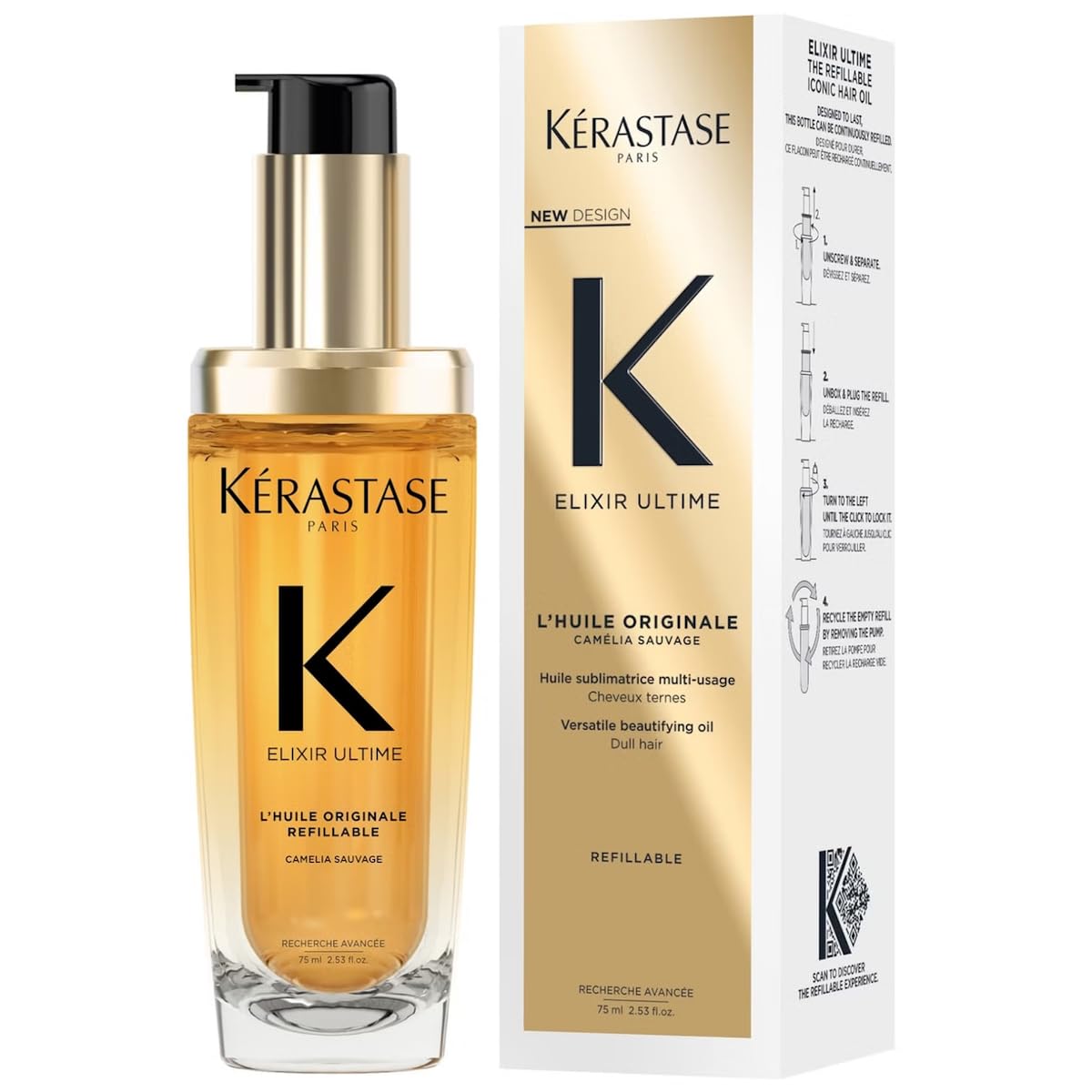 Kérastase Elixir Ultime L'Huile Originale Refillable Hair Oil - Smooth Frizz & Add Shine for All Hair Types - 75ml