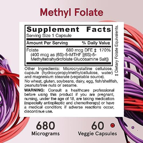 Jarrow Formulas Extra Strength Methyl Folate 400 mcg, Dietary Supplement for Cardiovascular and Neurologic Health Support, 60 Veggie Capsules, 60 Day Supply