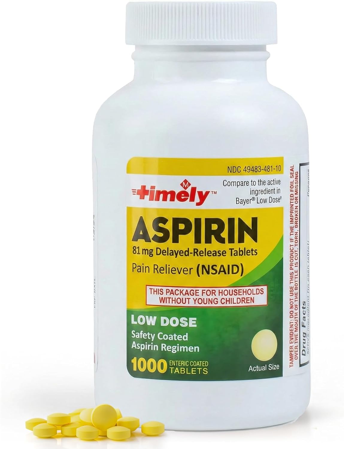 Timely Baby Aspirin 81mg for Adults - Low Dose Enteric Coated Pain Reliever & Fever Reducer - 1000 Tablets