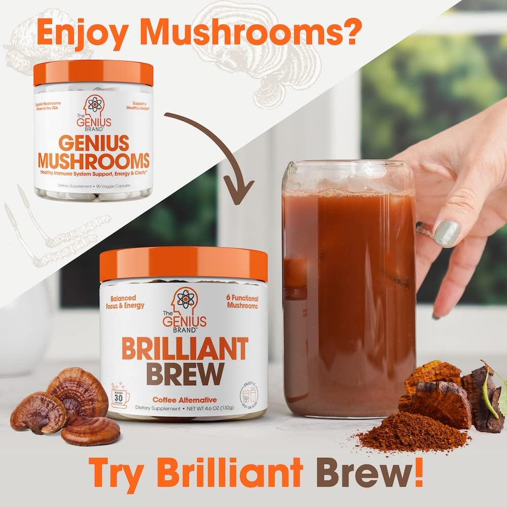 Genius Mushroom supplement: Lions Mane, Cordyceps, and Reishi for immune and brain health.