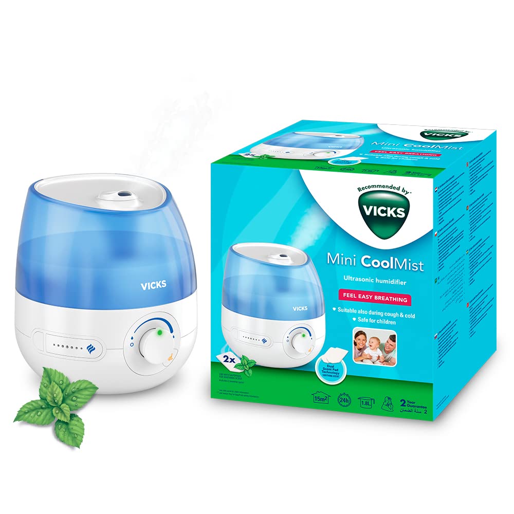 Vicks Mini Cool Mist Ultrasonic Humidifier - 1.8L Tank with Essential Oil Tray (VUL525)