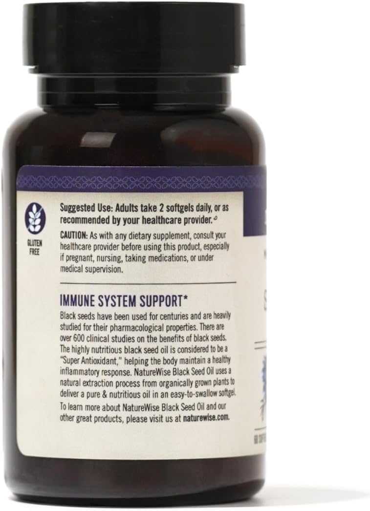 NatureWise Black Seed Oil Capsules 1250 mg - with 100% Organic Cold Pressed Nigella Sativa - Omega 3 6 9 - Antioxidant Immune Support, Hair & Skin - Non-GMO, Gluten-Free - 60 Softgels