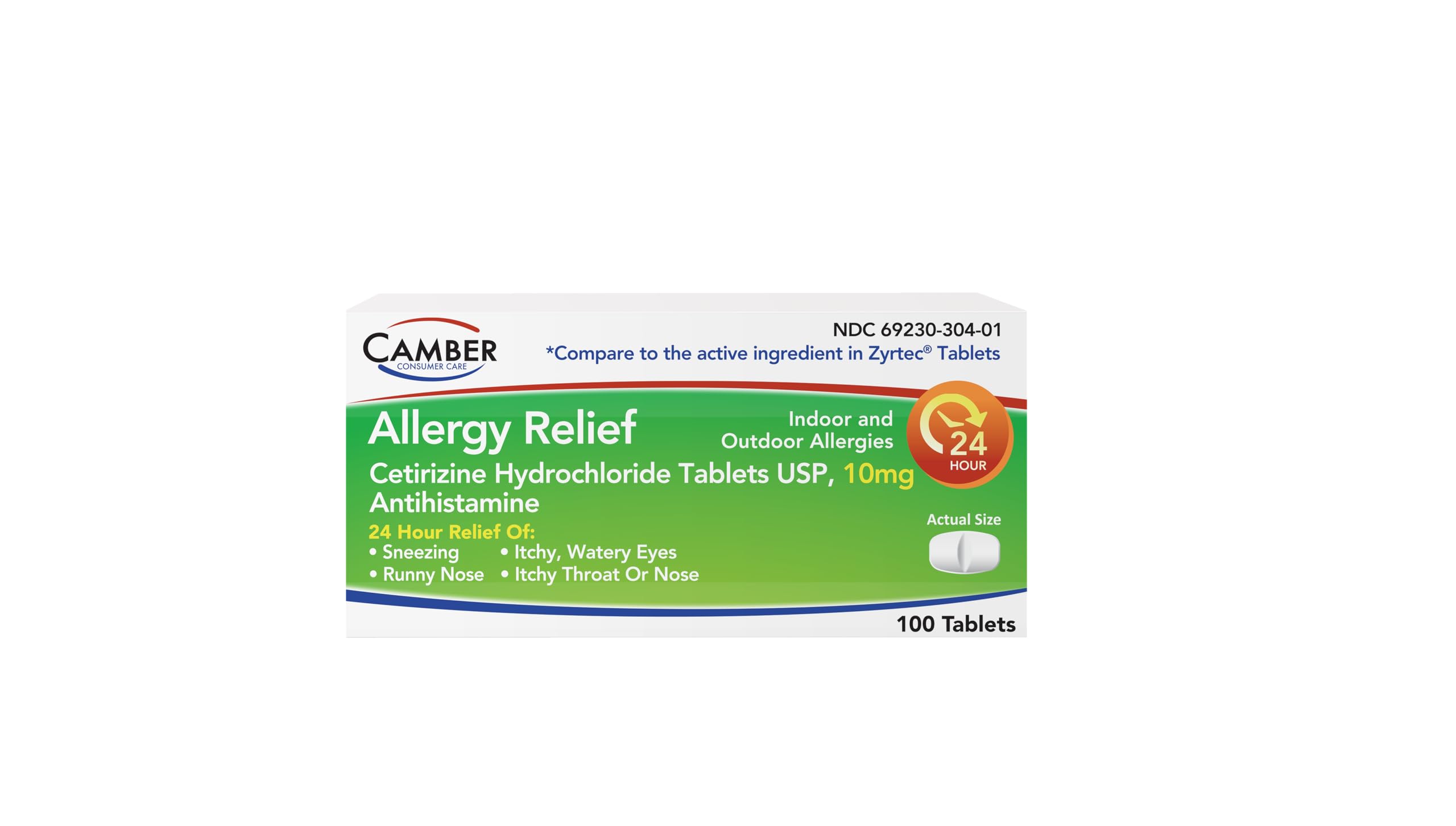 Camber Cetirizine HCI 10mg Tablets 100-Count - 24-Hour Allergy Relief Medication