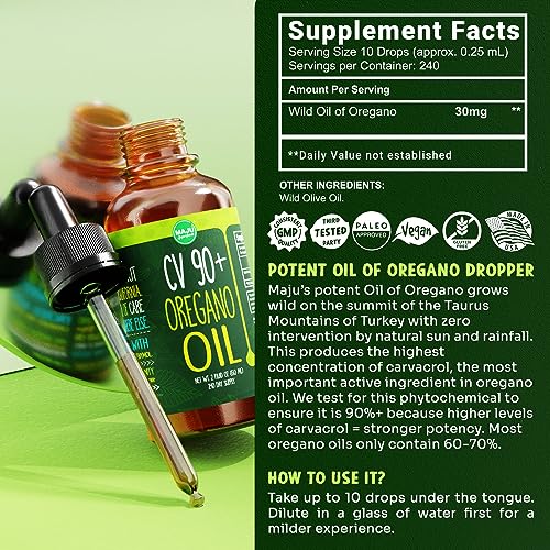Maju Superfoods Oregano Oil Drops - 90%+ Carvacrol Wild Mediterranean Essential Oil Liquid 2 fl oz - Immune & Seasonal Support Supplement
