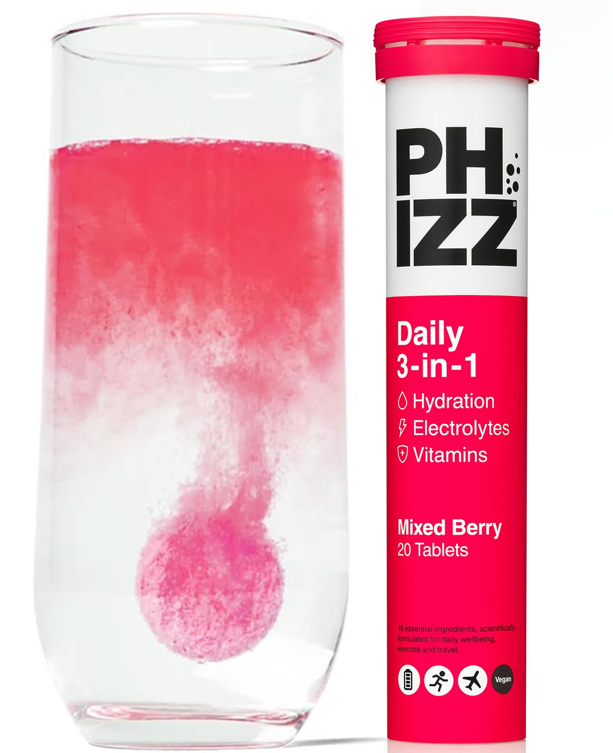 Phizz Electrolytes Hydration Tablets - Mixed Berry - 20 Effervescent Tablets with 18 Vitamins & Minerals