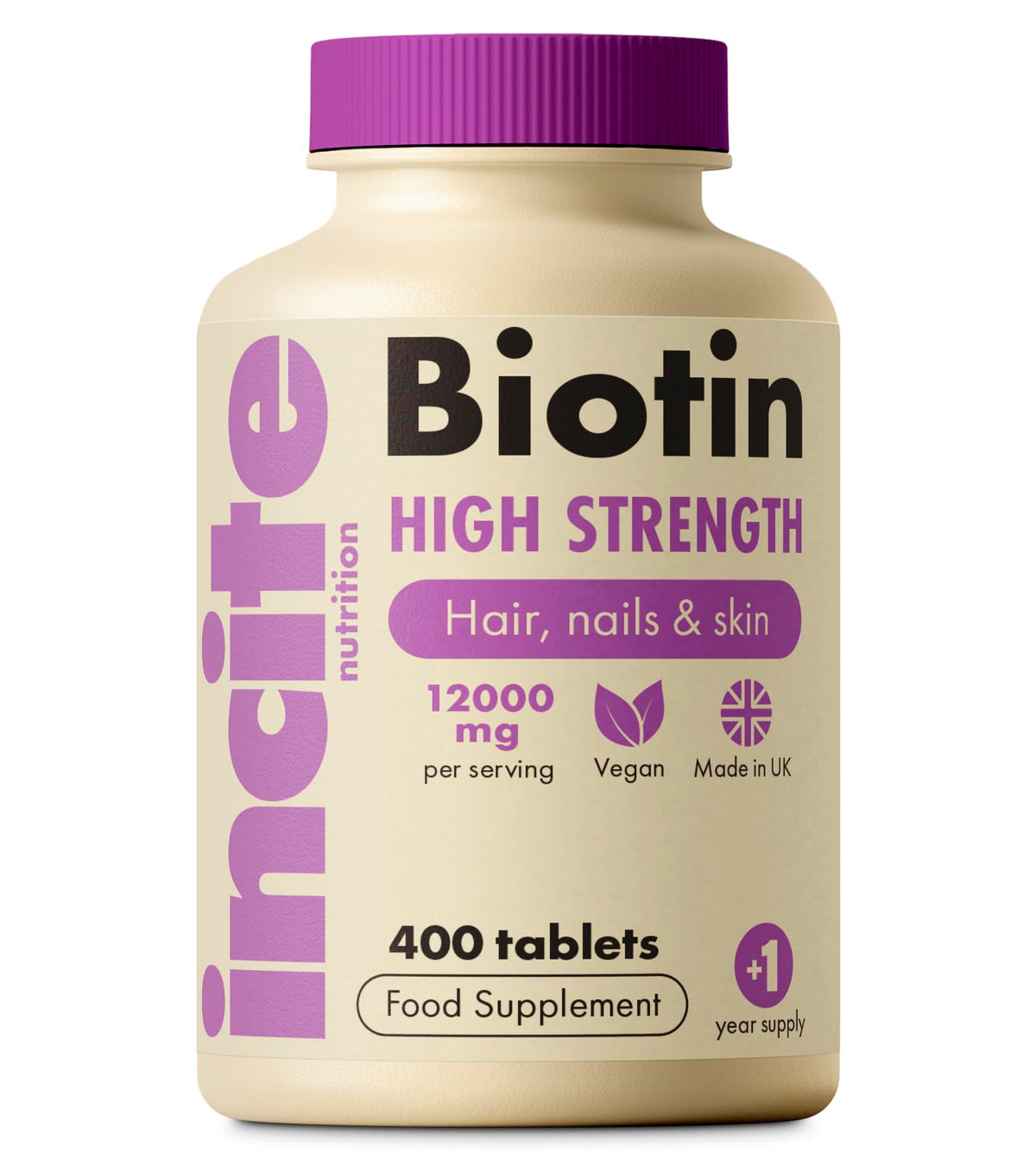 Incite Nutrition Biotin Hair Growth Supplement 12,000mcg - 400 Tiny Tablets (Full Year Supply)