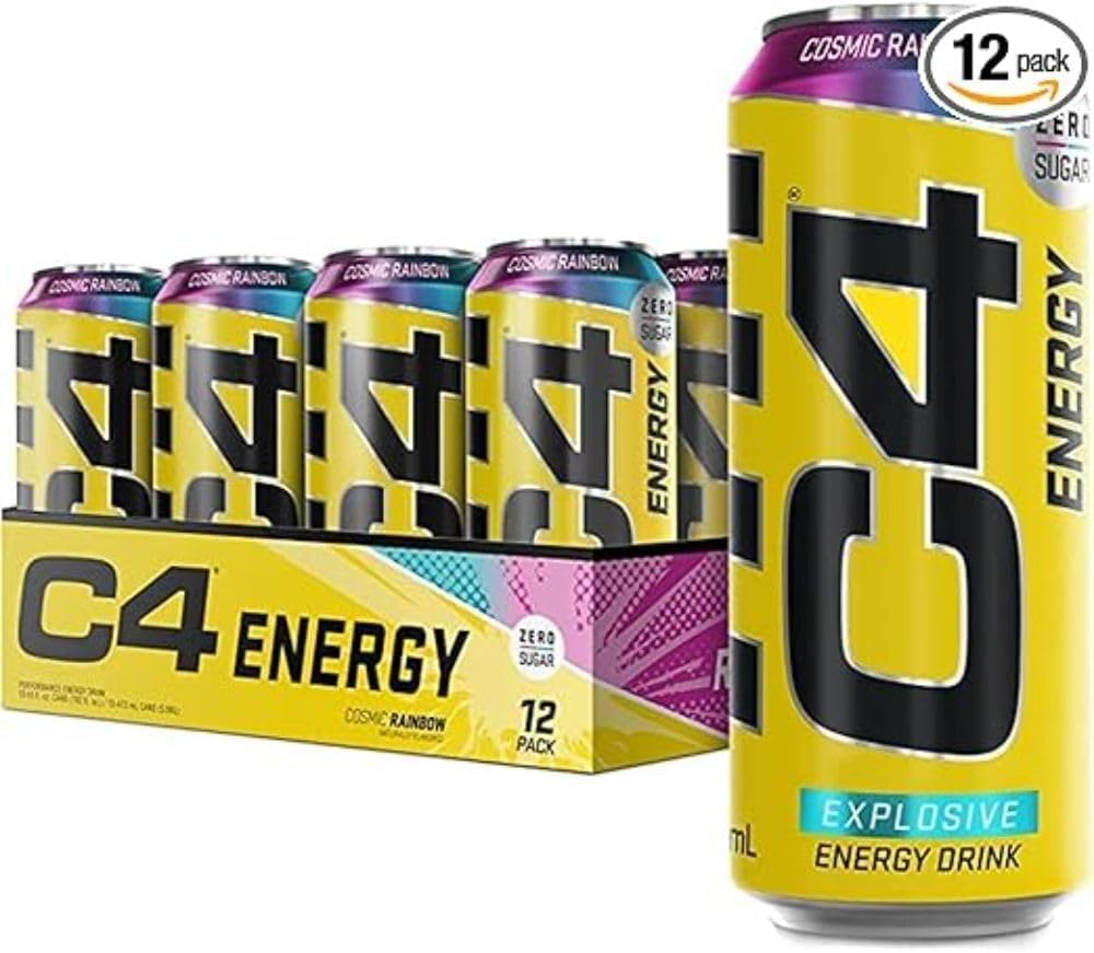 C4 Performance Energy Drinks Cosmic Rainbow 12-Pack - Sugar-Free, 500ml Cans
