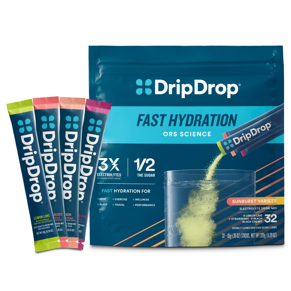 DripDrop Hydration Packs - Sunburst Variety Pack - Single Serve Electrolyte Powder Drink - Lemon Lime, Strawberry, Peach, Black Cherry - Non-GMO & Gluten Free