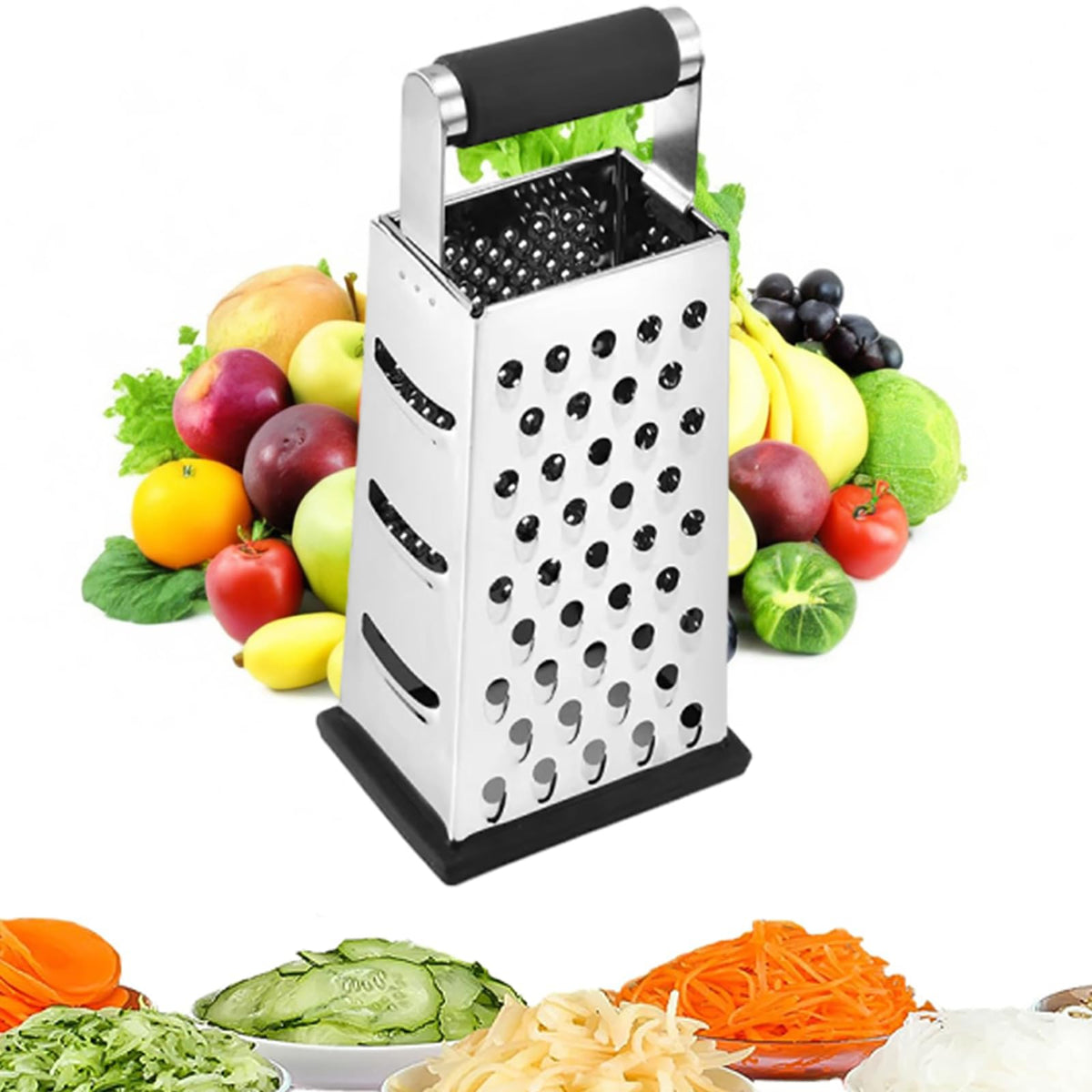 Stainless Steel 4-Sided Box Grater - 3 Hole Sizes for Cheese & Vegetables