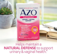 AZO Dual Protection، دعم المسالك البولية والمهبلية، البريبايوتكس والبروبيوتكس للنساء*، يبدأ مفعوله خلال 24 ساعة، خالٍ من الكائنات المعدلة وراثيًا، 30 قطعة 