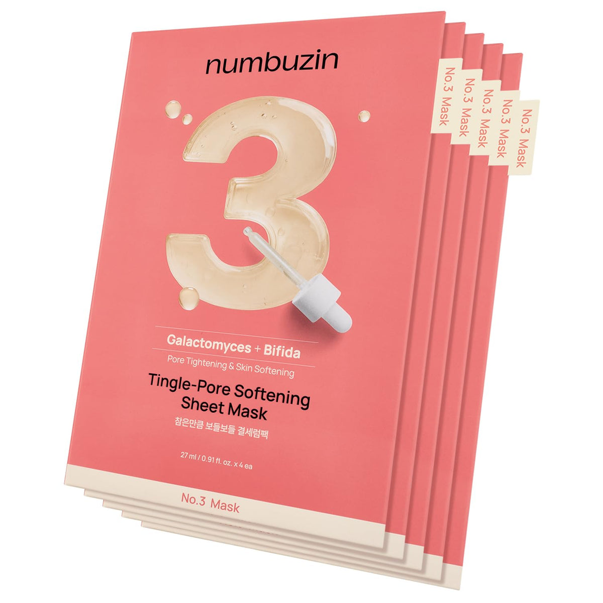 numbuzin No.3 Tingle-Pore Softening Sheet Mask – Pore Minimizing, Smoothing & Brightening Korean Face Mask with Bifida (Pack of 5)