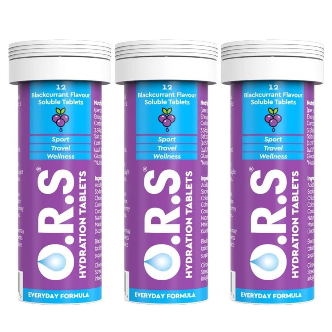 O.R.S Hydration Tablets with Electrolytes - Vegan, Gluten & Lactose Free - Natural Blackcurrant Flavour - 36 Tablets (Pack of 3 x 12)