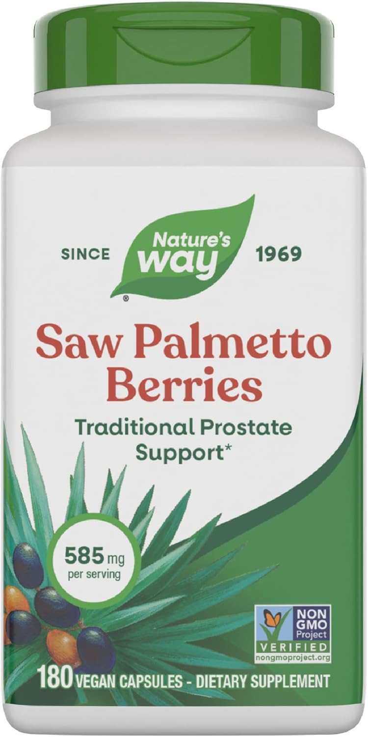 Nature's Way Saw Palmetto Berries, Traditional Prostate Support*, 585 mg per Serving, Non-GMO Project Verified, Vegan, 180 Capsules (Packaging May Vary)