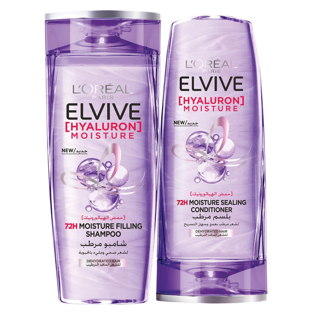 L'Oréal Paris Elvive Hyaluron Moisture Shampoo Conditioner Set - 400ML Shampoo + 360ML Conditioner for Oily, Frizzy, Dry Hair
