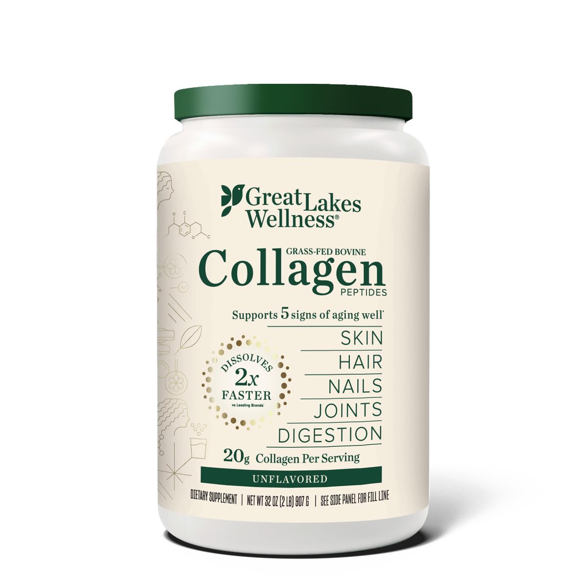 Great Lakes Wellness Bovine Collagen Peptides Powder (32 oz) - Unflavored Hydrolyzate for Skin, Hair & Joint Health