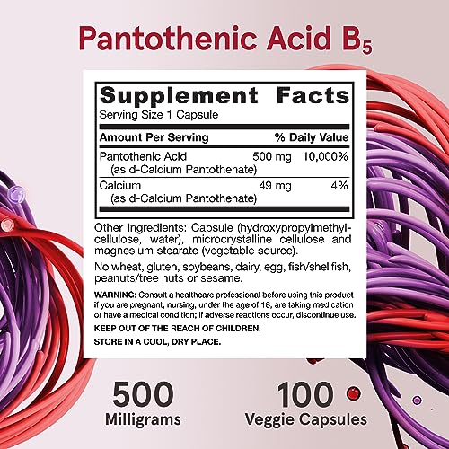 Jarrow Formulas Pantothenic Acid (B5) 500mg - 100 Veggie Caps - Energy & Metabolism Support