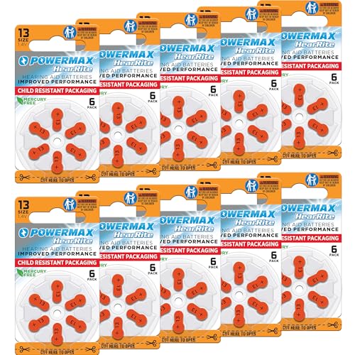 Powermax Size 13 Hearing Aid Batteries (Orange Tab) - 64 Count