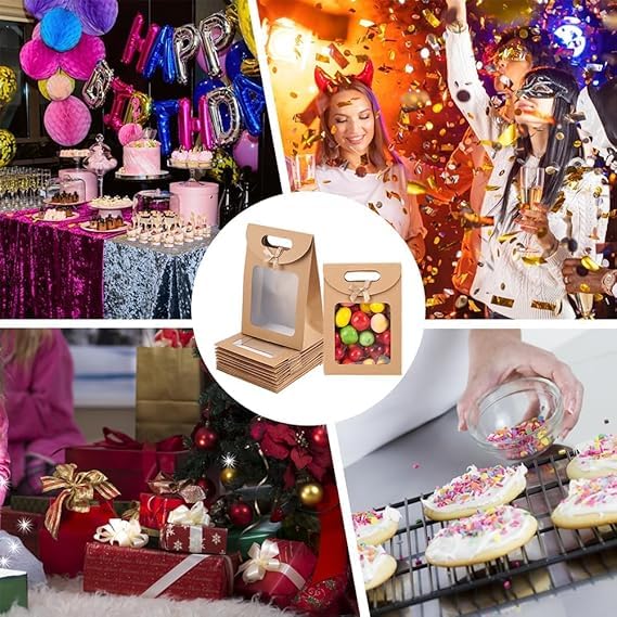 GMQG Brown Kraft Stand Up Gift Bags with Window & Bow - 12 Pack