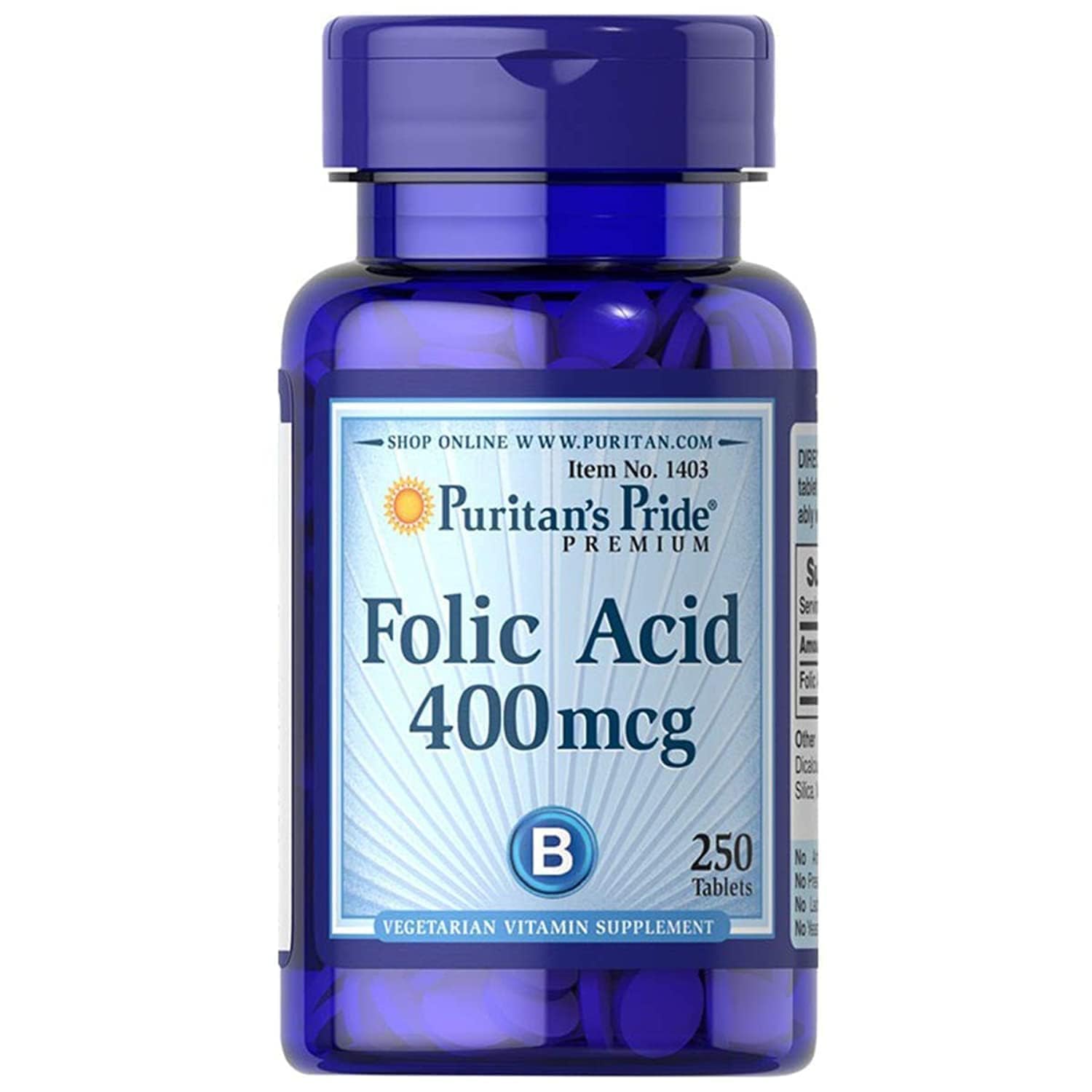 Puritan's Pride Folic Acid 400 mcg Supplement - 250 Tablets