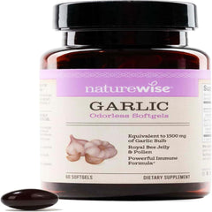 NatureWise Odorless Garlic Pills 1500 mg - with Royal Bee Jelly & Pollen - Herbal Supplement for Heart Health + Immune System + Antioxidants - Gluten-Free, Non-GMO - 60 Softgels [2-Month Supply]