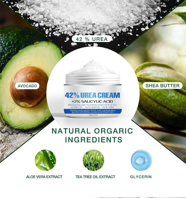 Urea Cream 42% - Foot Cream for Dry Cracked Heels, Hands & Elbows with 2% Salicylic Acid